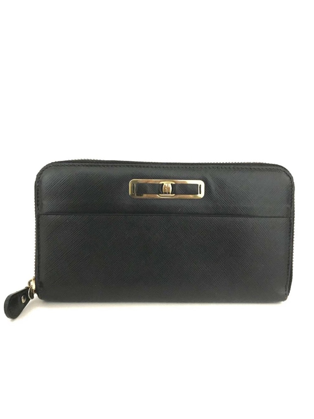 Salvatore Ferragamo Vara Bow Black Saffiano Zip Around Wallet AS IS👝